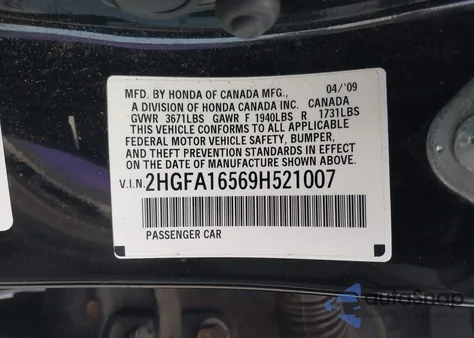 2009 Honda Civic Lx from USA, damaged, VIN 2HGFA16569H521007